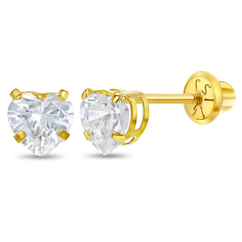 Heart-shaped earrings sparkle with a classic zirconia solitaire