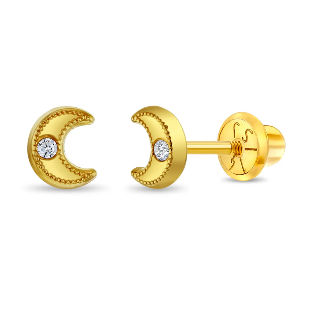 Gold Bezel Moon Clear Zirconia Baby Earring.