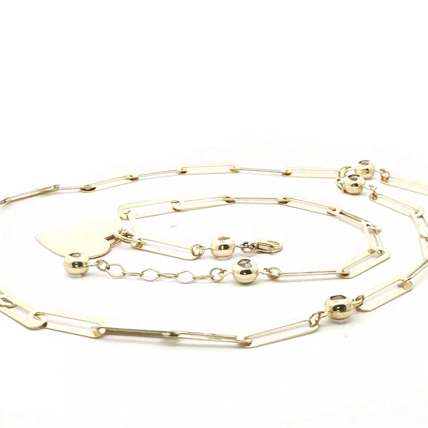 10K Gold Link Chain Necklace and Bracelet Heart Shaped Pendants