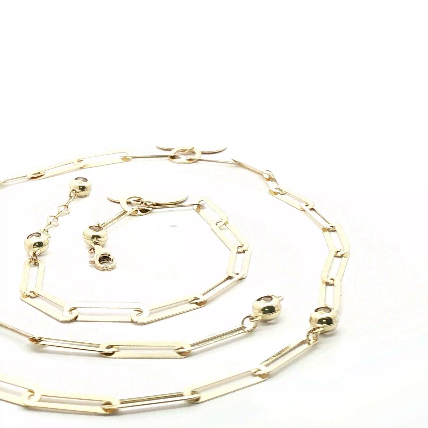 10K Gold Link Chain Necklace and Bracelet Heart Shaped Pendants