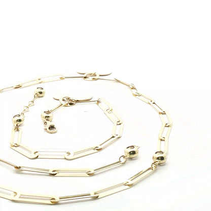 10K Gold Link Chain Necklace and Bracelet Heart Shaped Pendants