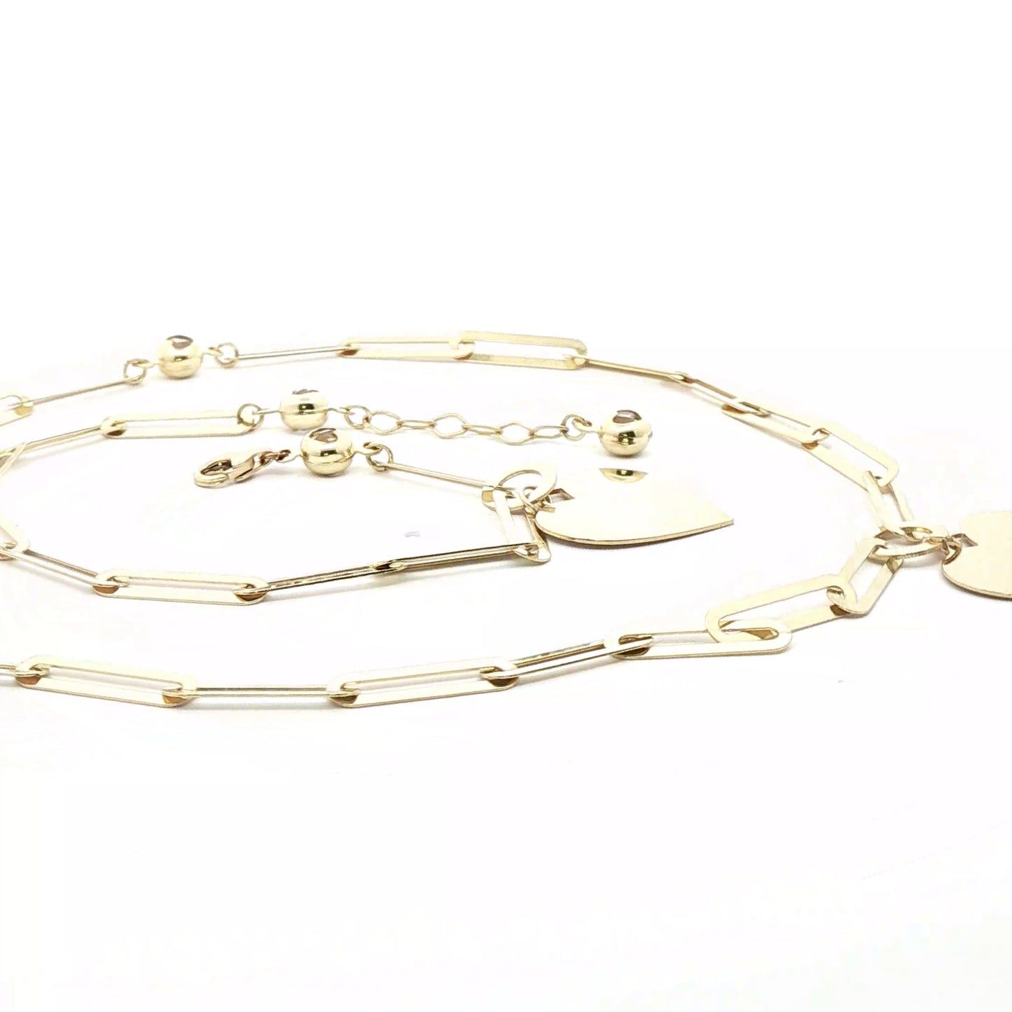 10K Gold Link Chain Necklace and Bracelet Heart Shaped Pendants