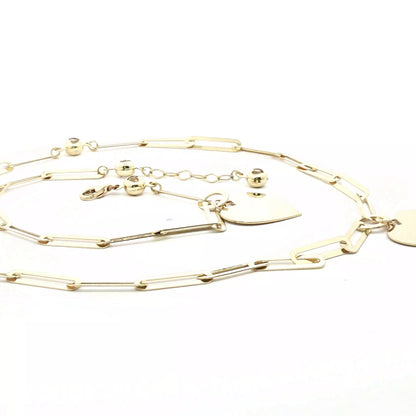 10K Gold Link Chain Necklace and Bracelet Heart Shaped Pendants