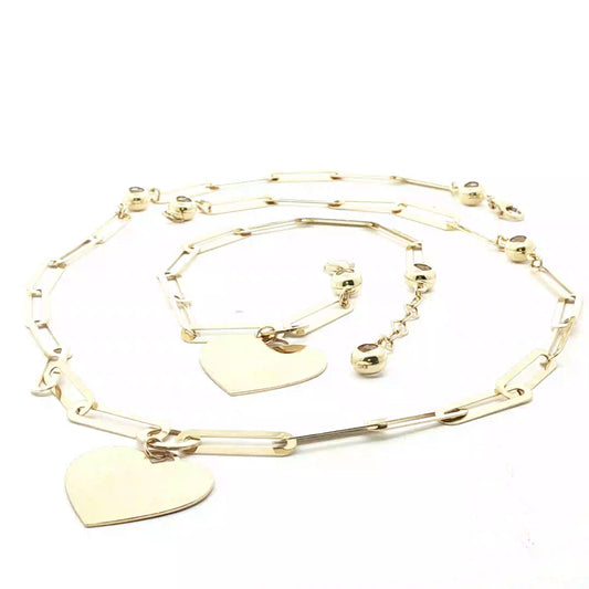 10K Gold Link Chain Necklace and Bracelet Heart Shaped Pendants