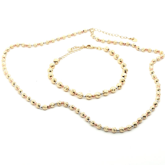 10K Tricolor Gold Beaded Necklace and Bracelet Set
