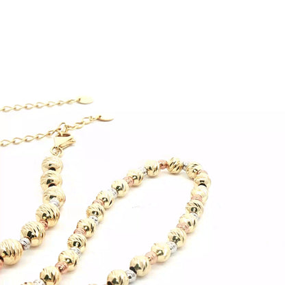 10K Tricolor Gold Beaded Necklace and Bracelet Set