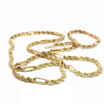10K Gold Elegant Gold Rope and Bar Link Chain Necklace and Bracelet Set