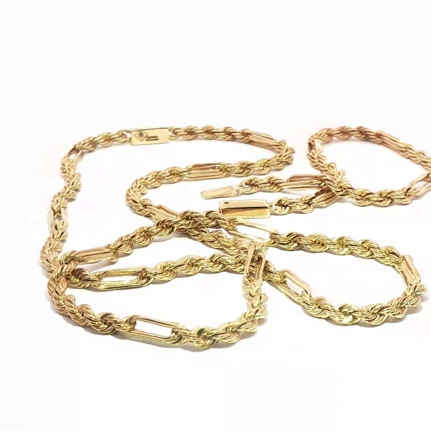 10K Gold Elegant Gold Rope and Bar Link Chain Necklace and Bracelet Set