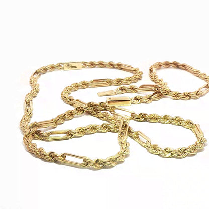10K Gold Elegant Gold Rope and Bar Link Chain Necklace and Bracelet Set
