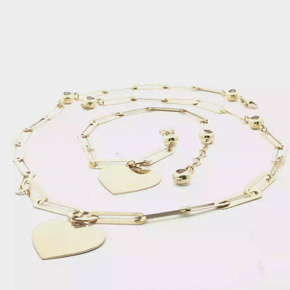 10K Gold Link Chain Necklace and Bracelet Heart Shaped Pendants