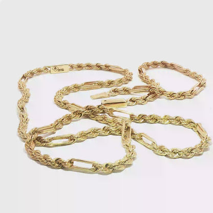 10K Gold Elegant Gold Rope and Bar Link Chain Necklace and Bracelet Set