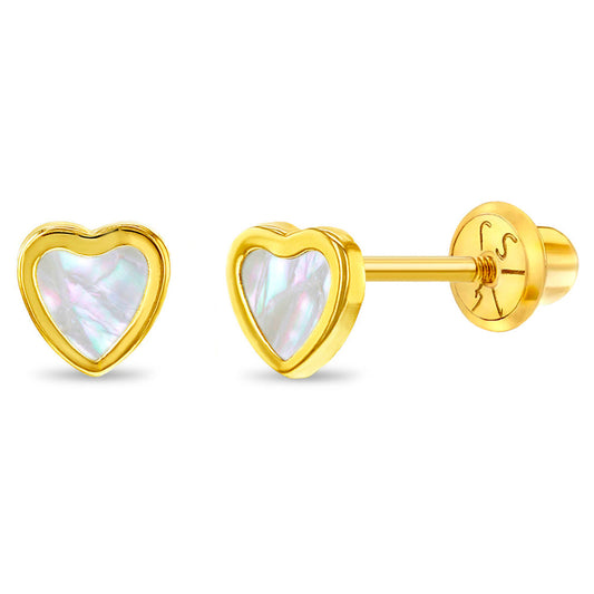 Heart-shaped earrings feature a delicate mother of pearl